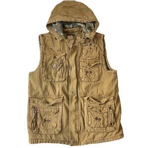 Rebel & Soul Men Jacket M Tan Canvas Cargo Utility Button Zipper Patch Hood Vest
